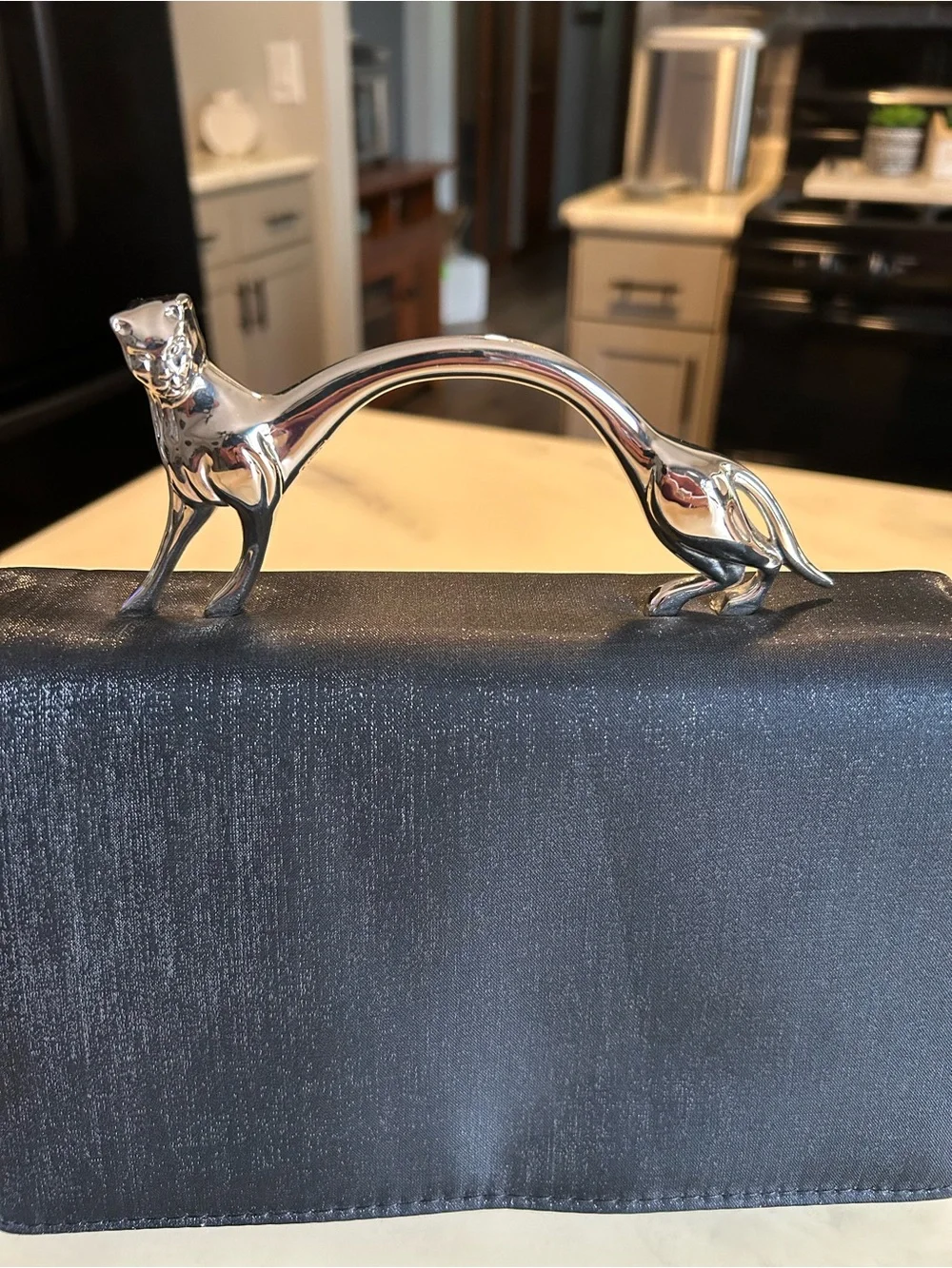 Elegant Black Evening Clutch Handbag With Silver Panther Handle